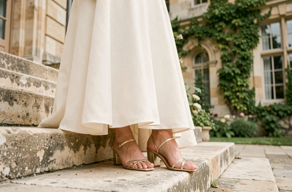 Mariée en robe ivoire portant des mules dorées à talon bloc dans la cour d'un château français en pierre