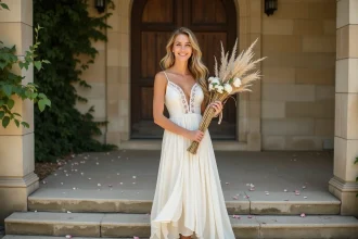 Mariée en robe bohème ivoire tenant un bouquet de fleurs sauvages devant une mairie en pierre lors d'un mariage civil chic et simple