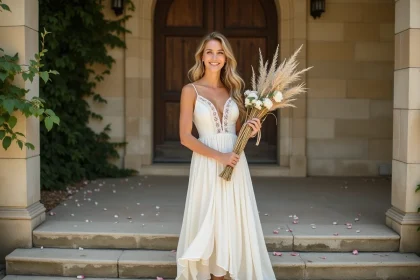 Mariée en robe bohème ivoire tenant un bouquet de fleurs sauvages devant une mairie en pierre lors d'un mariage civil chic et simple