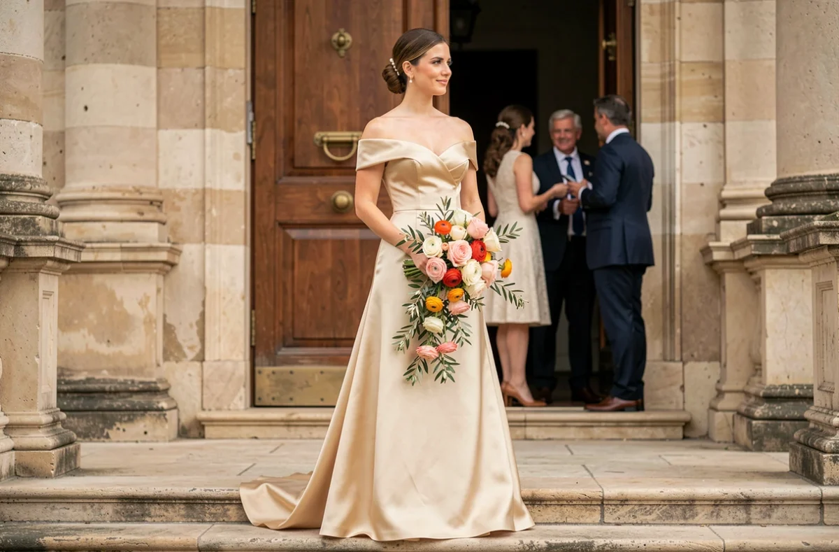 Mariée en robe de satin champagne devant les marches de la mairie lors d'un mariage civil élégant en France