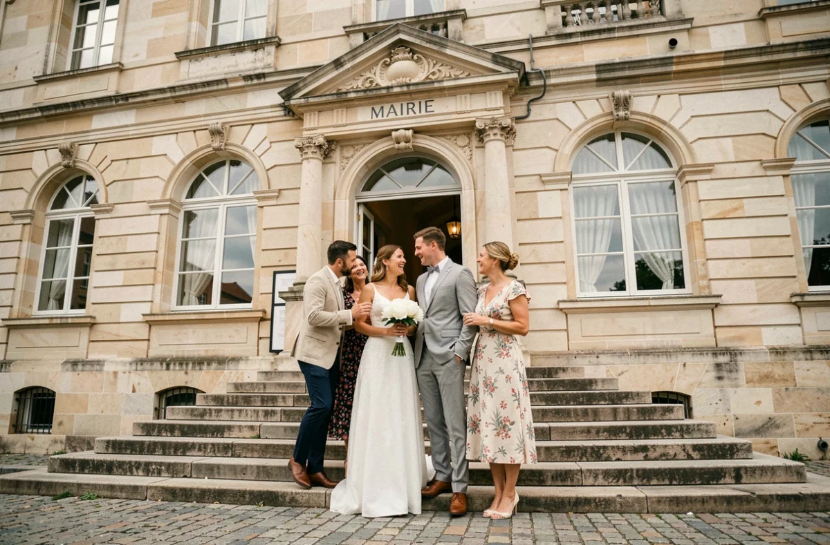 Groupe de mariés et famille sur les marches d'une mairie française en pierre après la signature du registre de mariage civil