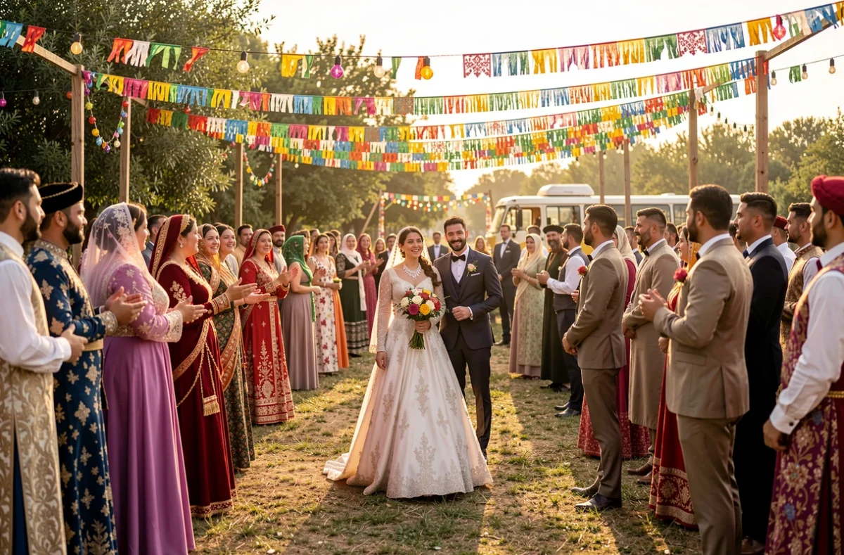 Mariés gitans lors d'une fête de mariage en plein air