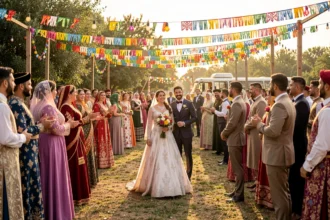 Mariés gitans lors d'une fête de mariage en plein air