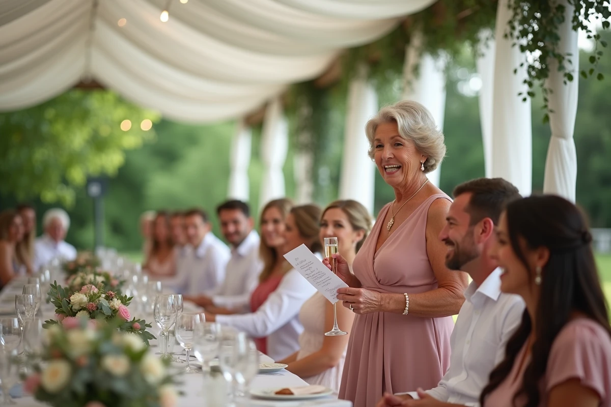 Mère attendrie faisant un discours tendre et drôle lors du repas de mariage en plein air en levant son verre