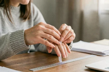 Femme mesurant son doigt avec une bandelette de papier et une règle pour trouver sa taille de bague