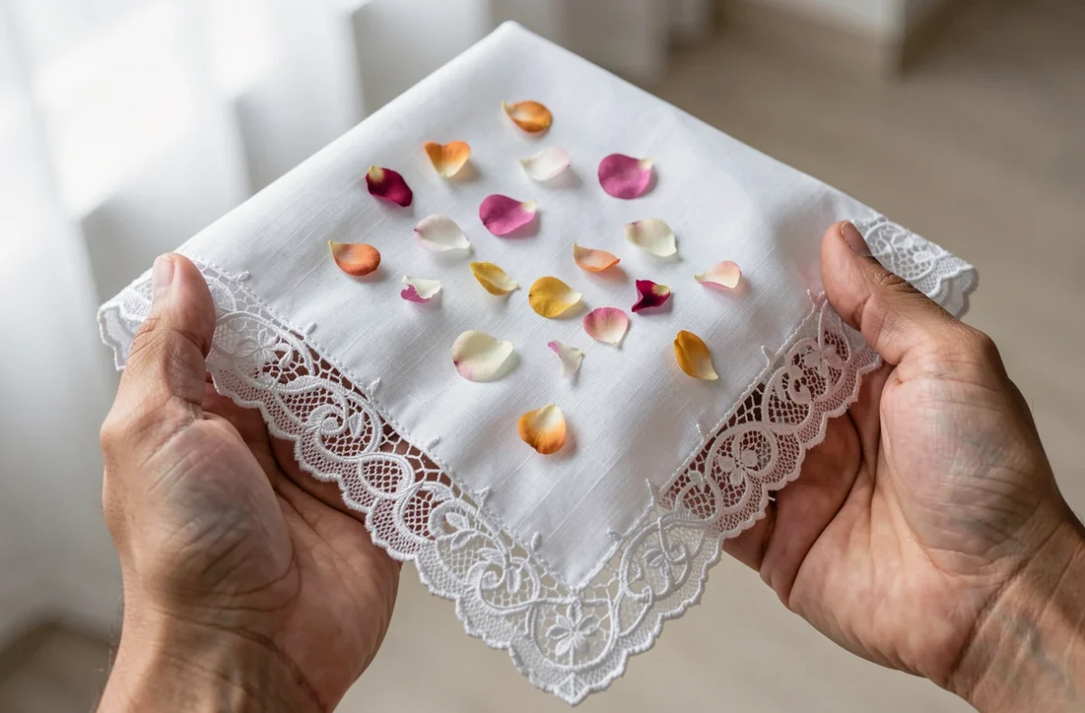 Mouchoir blanc brodé orné de pétales tenu entre des mains