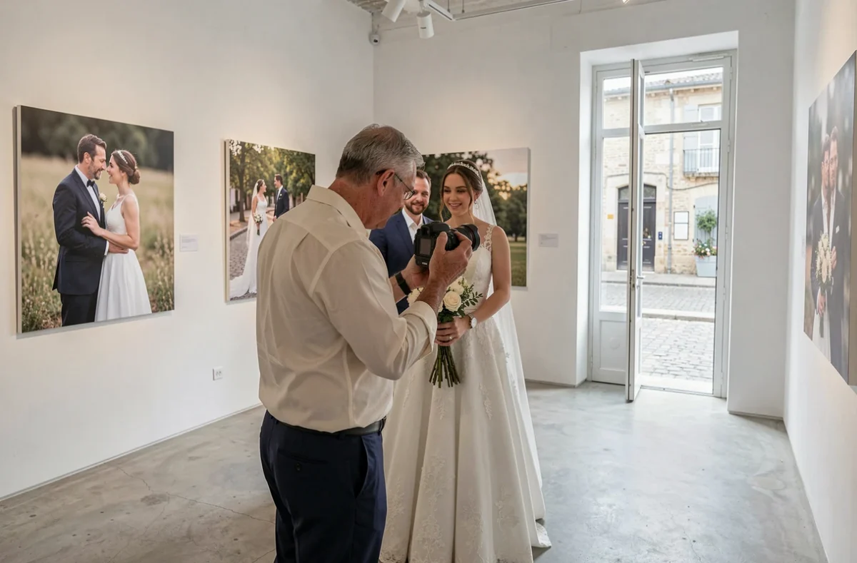 Muro Photographie et Galerie réalisant un portrait de mariage dans un espace de galerie d'art épuré au cœur de Saintes