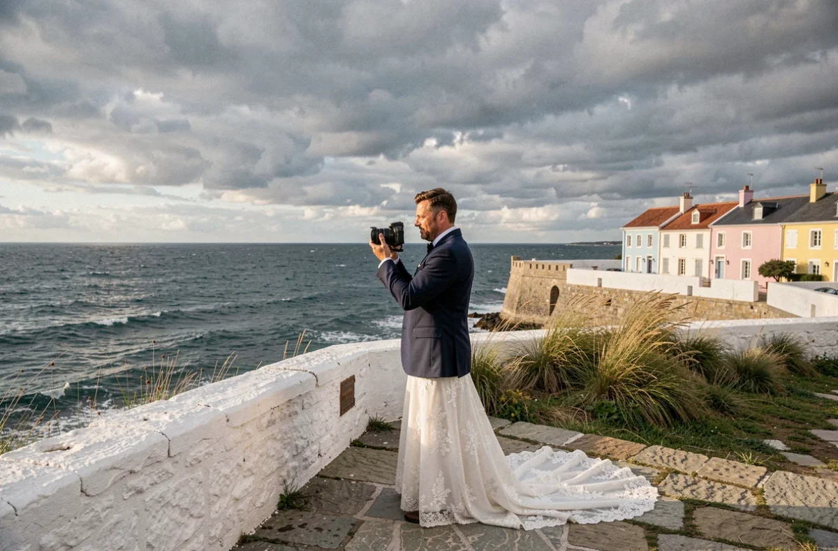 Nicolas Riffaud photographiant une mariée sur les remparts de l'Île de Ré avec l'océan Atlantique en arrière-plan