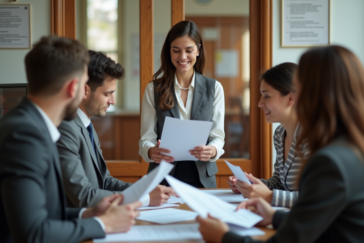 Organisatrice de mariage distribuant des brochures à un groupe