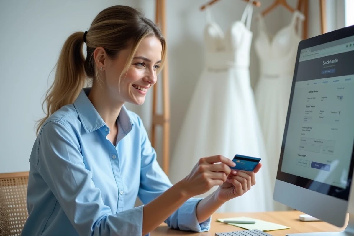 Femme effectuant un paiement sécurisé en ligne pour une robe de mariée avec carte bancaire devant un écran