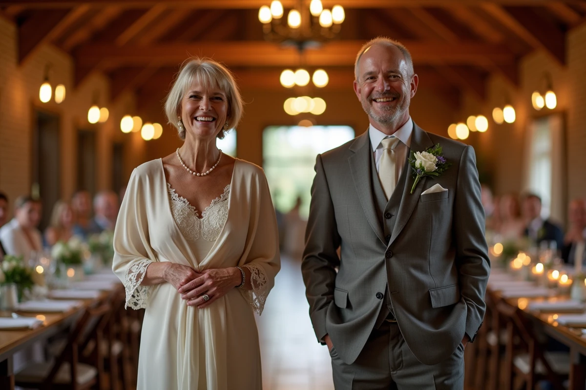 Les deux parents du marié ou de la mariée riant ensemble pendant leur discours commun humoristique lors de la réception