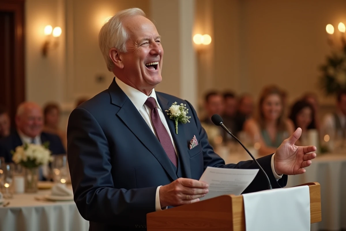 Père ému et souriant prononçant un discours humoristique lors du mariage de son enfant au micro devant les invités