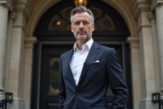 Homme élégant en blazer marine devant un immeuble parisien haussmannien, illustrant la vie publique d'une personnalité médiatique sous les projecteurs