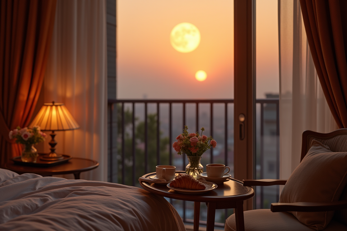 Petit déjeuner romantique avec lune pleine et paysage