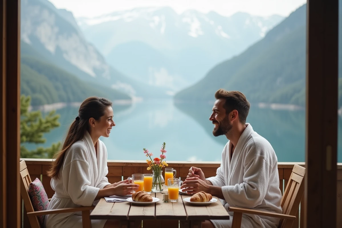 Jeune couple prenant un petit déjeuner au balcon avec vue sur le lac