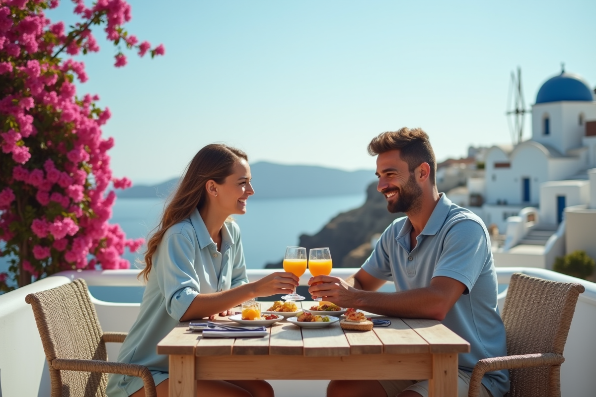 Jeunes mariés dégustant un petit déjeuner à Santorini