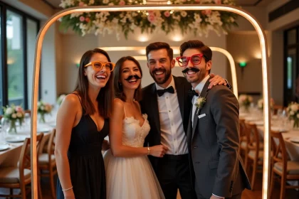 Groupe d'amis qui posent en riant dans un photobooth lors d'un mariage avec accessoires et impressions photo