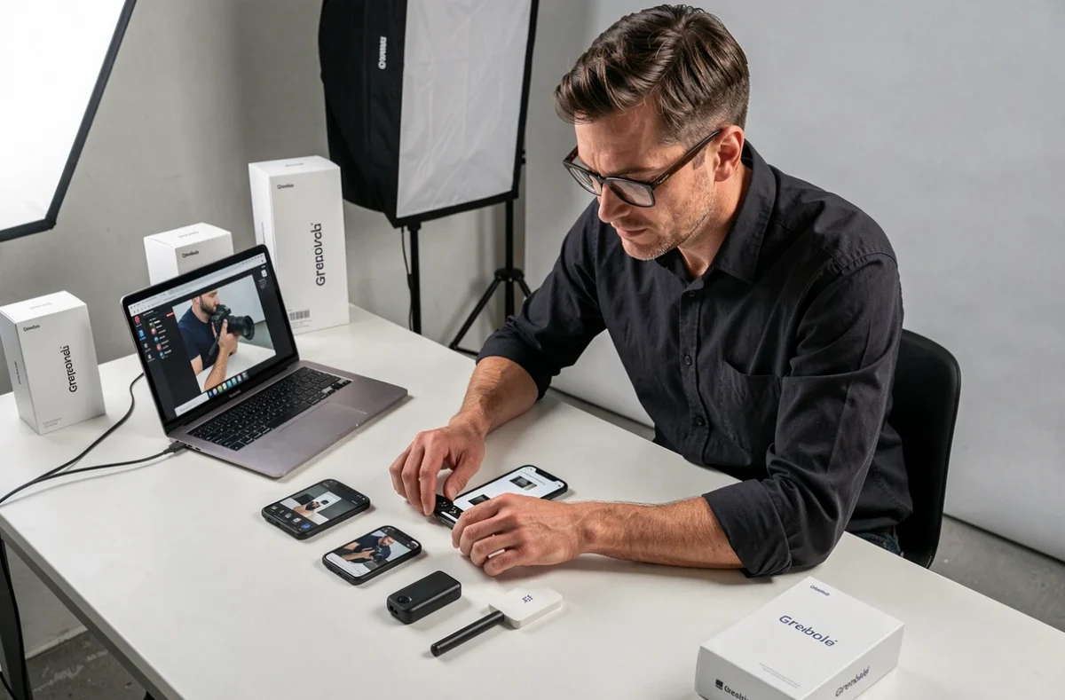 Photographe commercial masculin qui prépare une séance photo produit en studio professionnel au centre de Grenoble