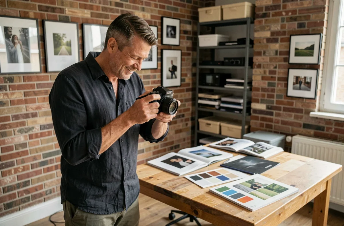 Photographe professionnel en consultation avec un client dans un studio photo moderne à Goussainville, examinant des portfolios imprimés