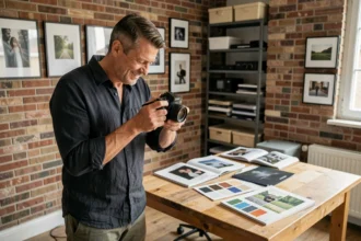 Photographe professionnel en consultation avec un client dans un studio photo moderne à Goussainville, examinant des portfolios imprimés
