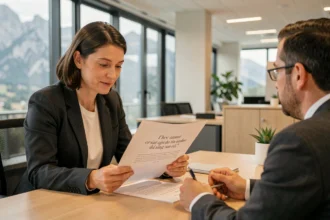 Photographe professionnelle présentant un devis à un client dans un bureau d'entreprise à Grenoble avec vue sur les montagnes