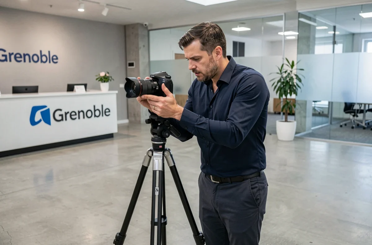 Photographe d'entreprise installant son équipement dans le hall moderne d'une société à Grenoble