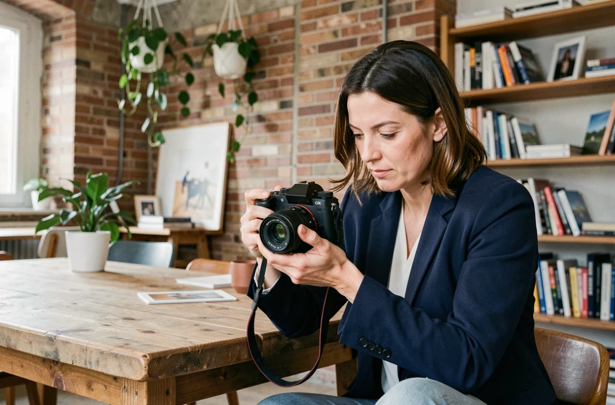 Photographe féminine consultant ses photos dans un espace de travail créatif à Lavaur