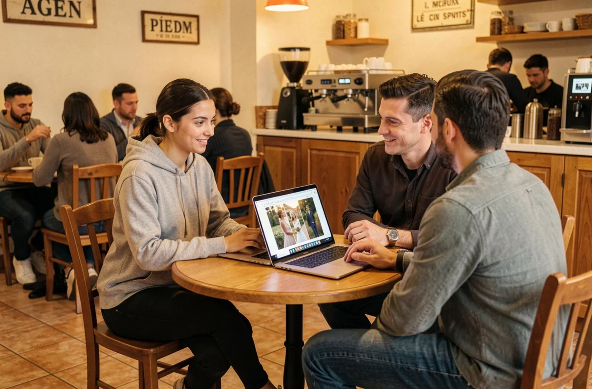 Photographe de mariage à Agen présentant ses photos à ses clients dans un café