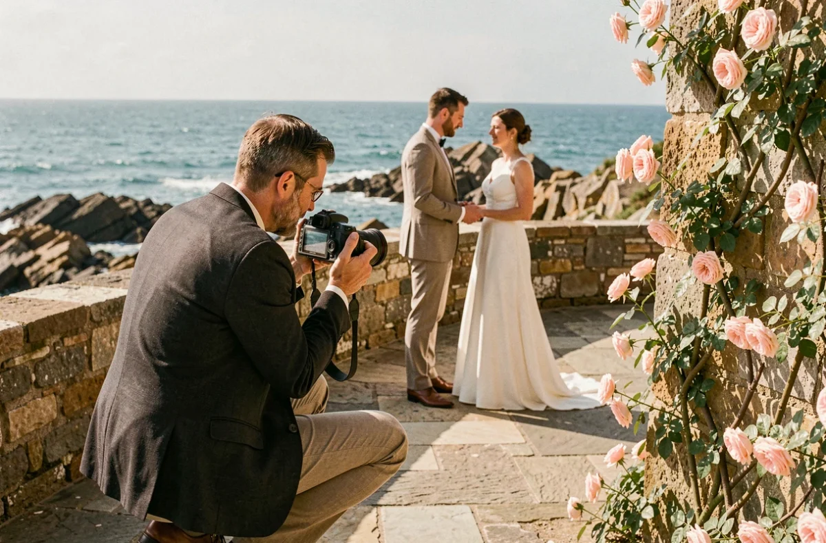 Photographe de mariage au travail sur le littoral de Charente-Maritime, capturant des mariés devant une vue sur l'océan Atlantique