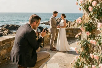 Photographe de mariage au travail sur le littoral de Charente-Maritime, capturant des mariés devant une vue sur l'océan Atlantique