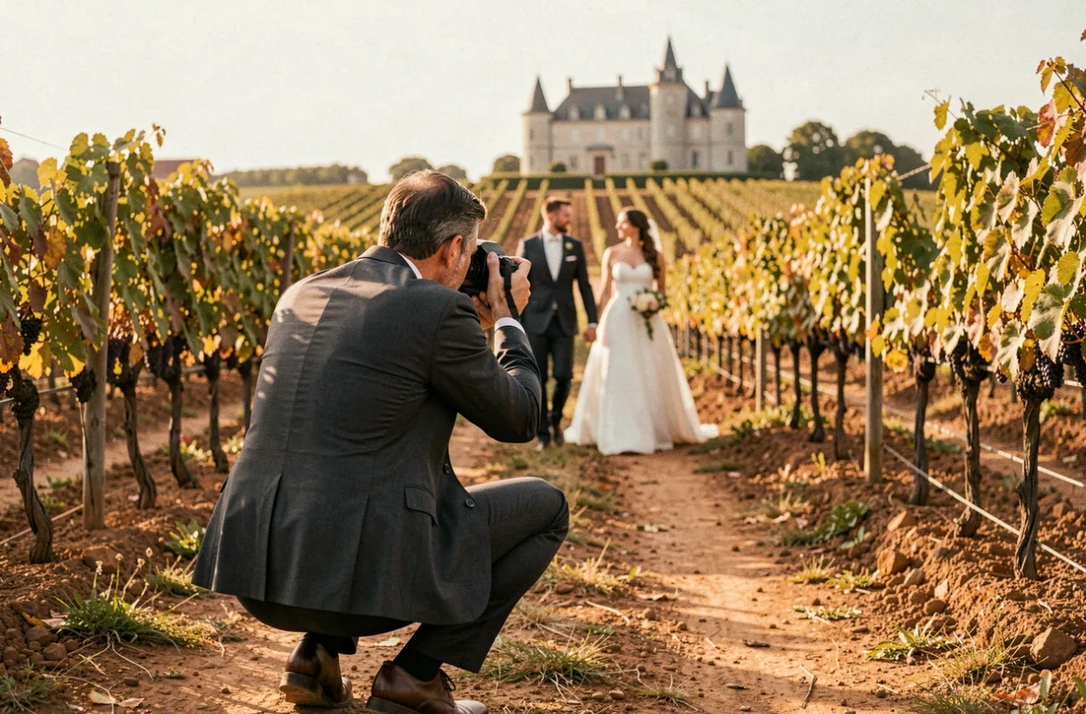 Photographe de mariage en Gironde capturant un couple dans les vignes bordelaises