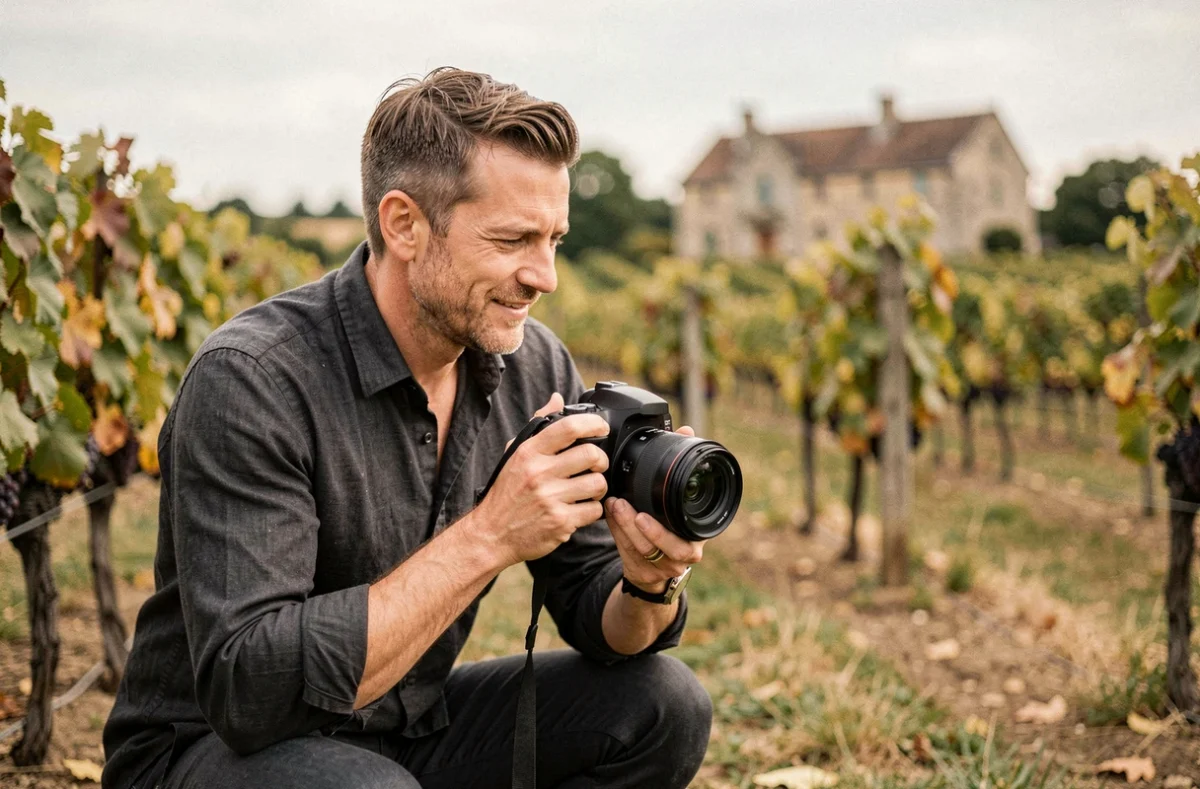Photographe de mariage professionnel en action lors d'une cérémonie en plein air dans un vignoble français