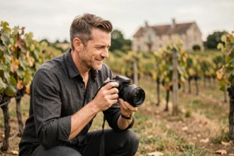 Photographe de mariage professionnel en action lors d'une cérémonie en plein air dans un vignoble français