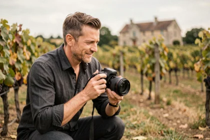 Photographe de mariage professionnel en action lors d'une cérémonie en plein air dans un vignoble français