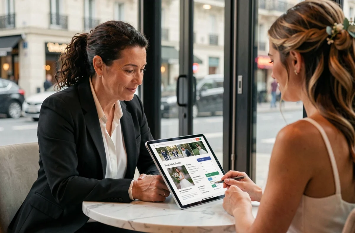 Photographe de mariage présentant ses tarifs à une future mariée dans un café moderne