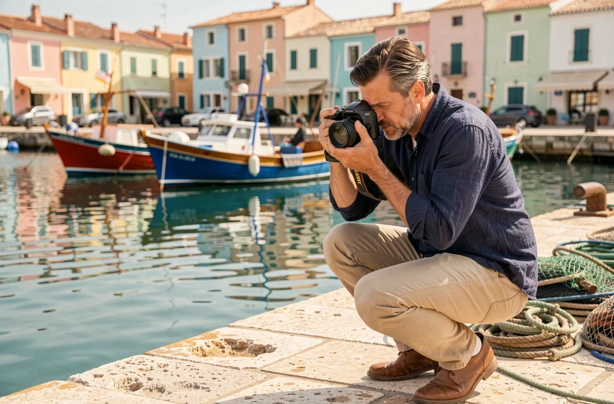 Photographe professionnel sur le port de Sanary-sur-Mer capturant des bateaux de pêche colorés