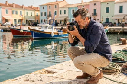 Photographe professionnel sur le port de Sanary-sur-Mer capturant des bateaux de pêche colorés