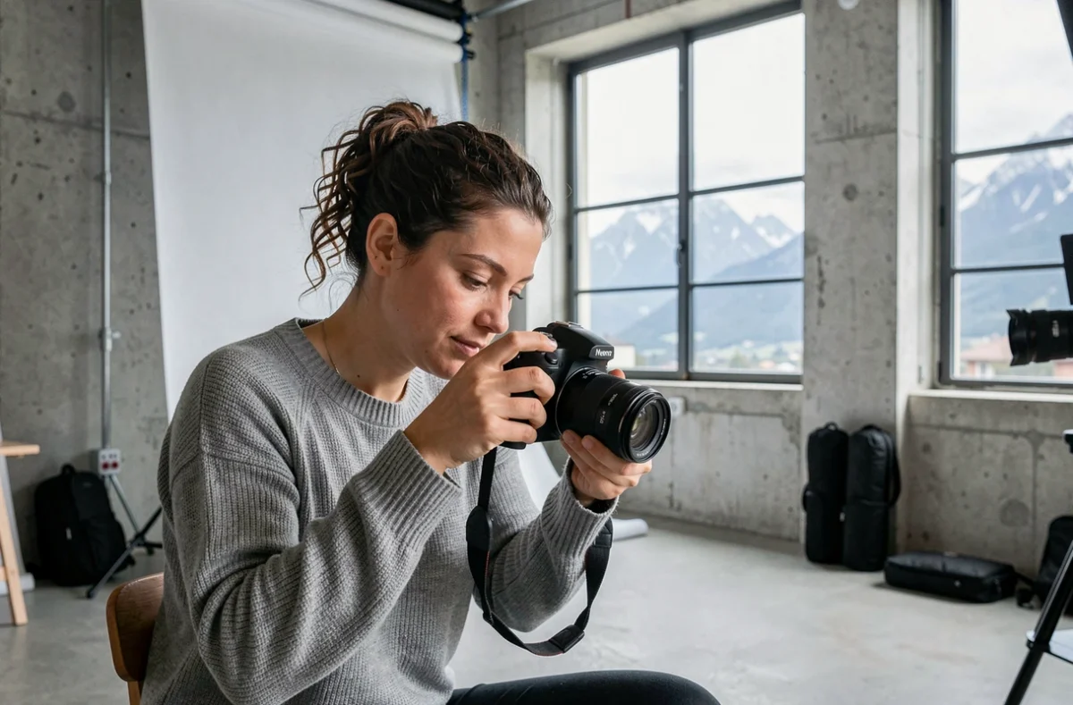 Photographe de portrait féminine qui règle son appareil dans un studio moderne aménagé dans un loft industriel à Grenoble