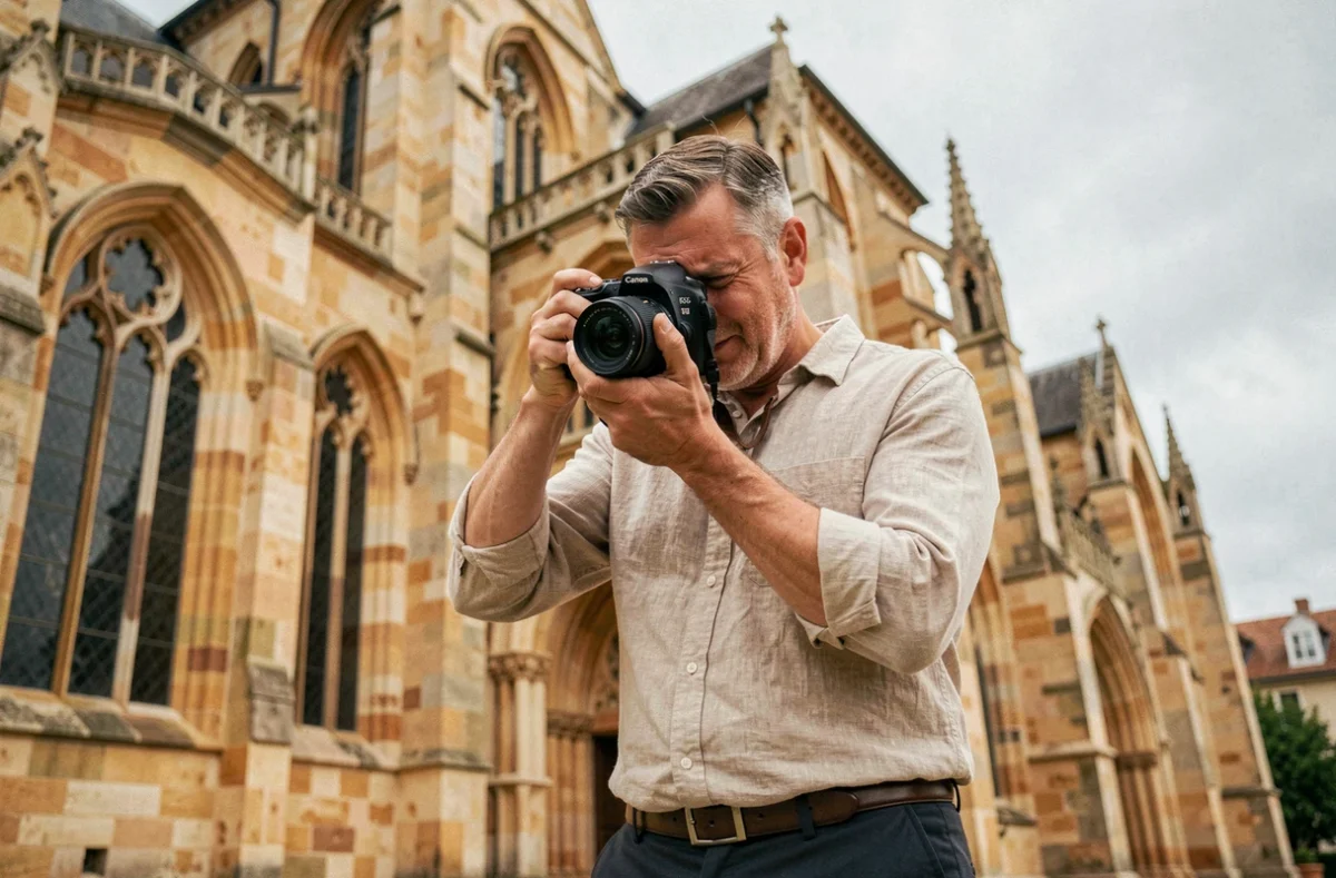 Photographe professionnel devant la cathédrale Saint-Alain de Lavaur, appareil photo DSLR en main
