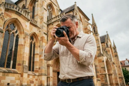 Photographe professionnel devant la cathédrale Saint-Alain de Lavaur, appareil photo DSLR en main