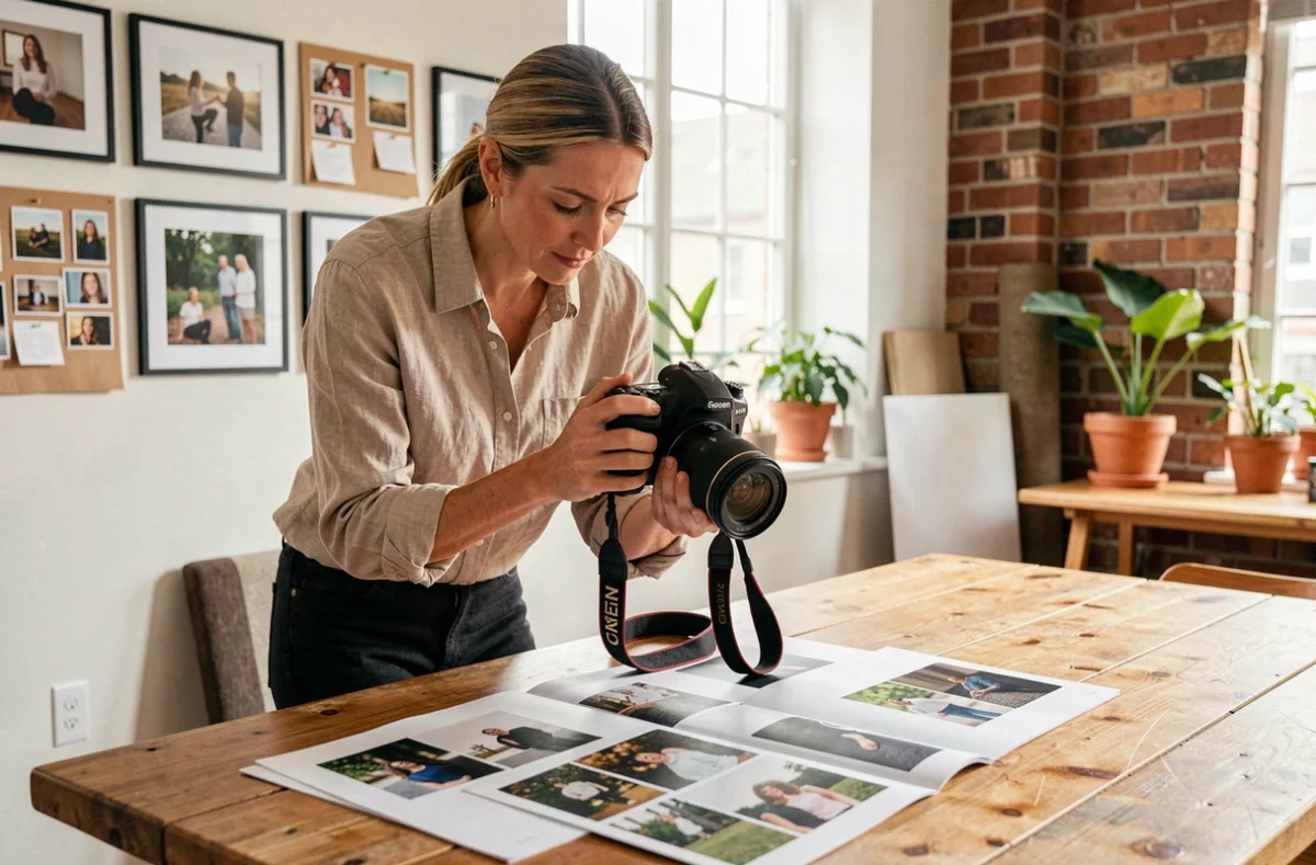 Photographe professionnelle à Agen consultant un portfolio dans son studio créatif