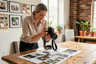 Photographe professionnelle à Agen consultant un portfolio dans son studio créatif