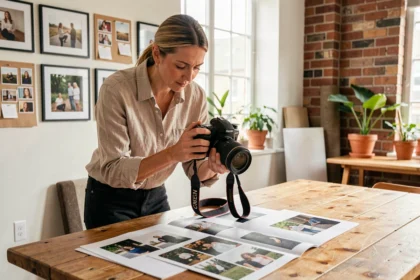 Photographe professionnelle à Agen consultant un portfolio dans son studio créatif