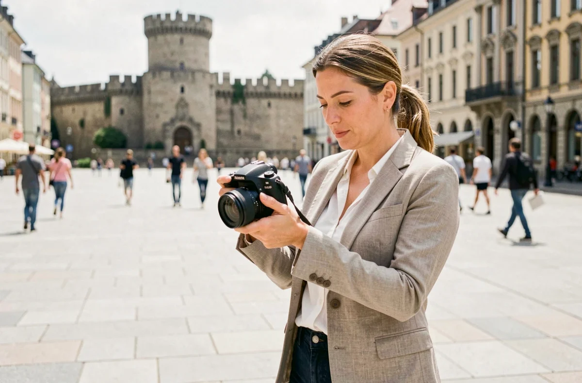 Photographe professionnelle qui consulte ses photos sur son appareil photo dans un espace urbain de Grenoble avec la Bastille en arrière-plan