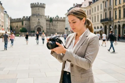 Photographe professionnelle qui consulte ses photos sur son appareil photo dans un espace urbain de Grenoble avec la Bastille en arrière-plan
