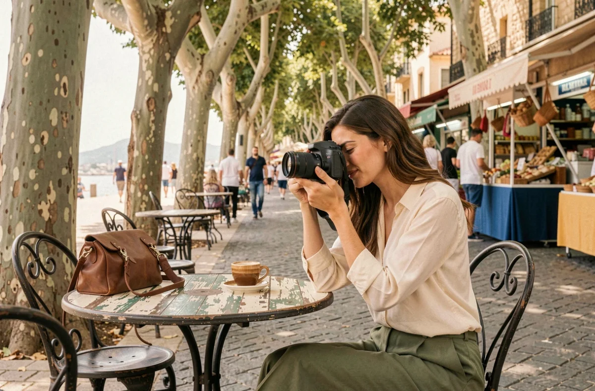 Photographe féminine révisant ses clichés sur la promenade du bord de mer à Sanary-sur-Mer