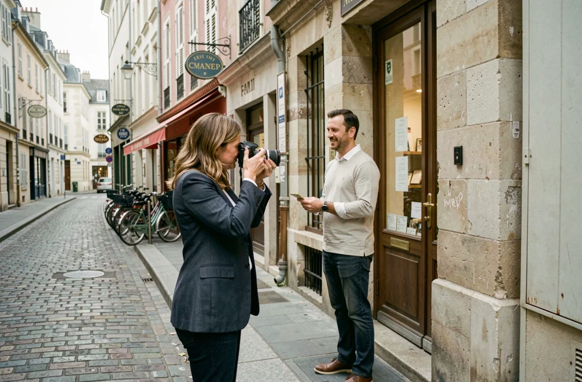 Photographe femme réalisant un reportage commercial pour un commerçant dans une rue typique de Goussainville