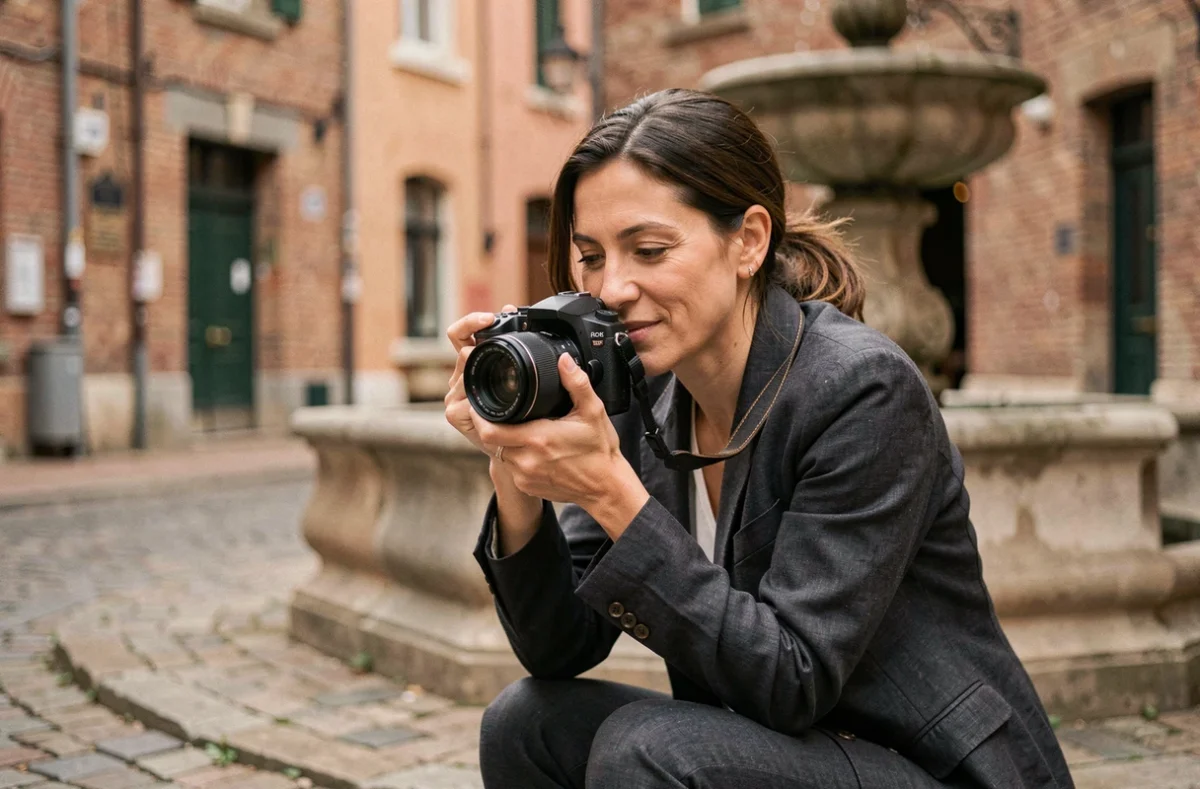 Photographe professionnelle en action dans les rues de Saint-Dizier, appareil photo en main devant une architecture en briques rouges