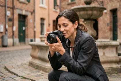 Photographe professionnelle en action dans les rues de Saint-Dizier, appareil photo en main devant une architecture en briques rouges