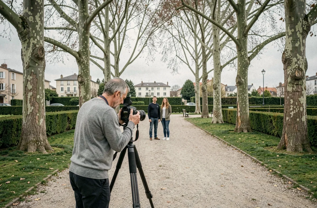 Photographe professionnel préparant une séance portrait en extérieur dans un parc urbain près de Goussainville